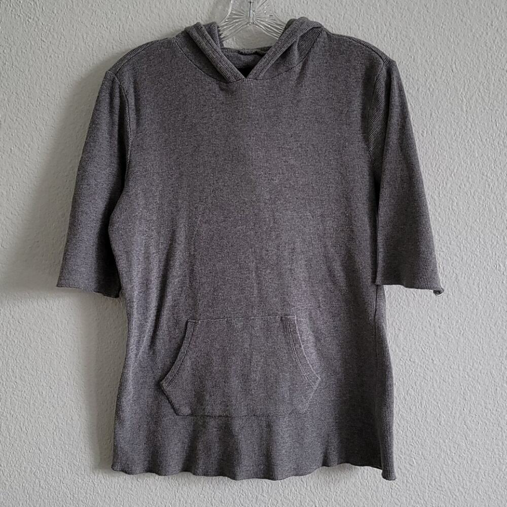 KRISTIN DAVIS Thermal Hoodie Waffle Knit Short Sleeve Pockets Size Medium Gray